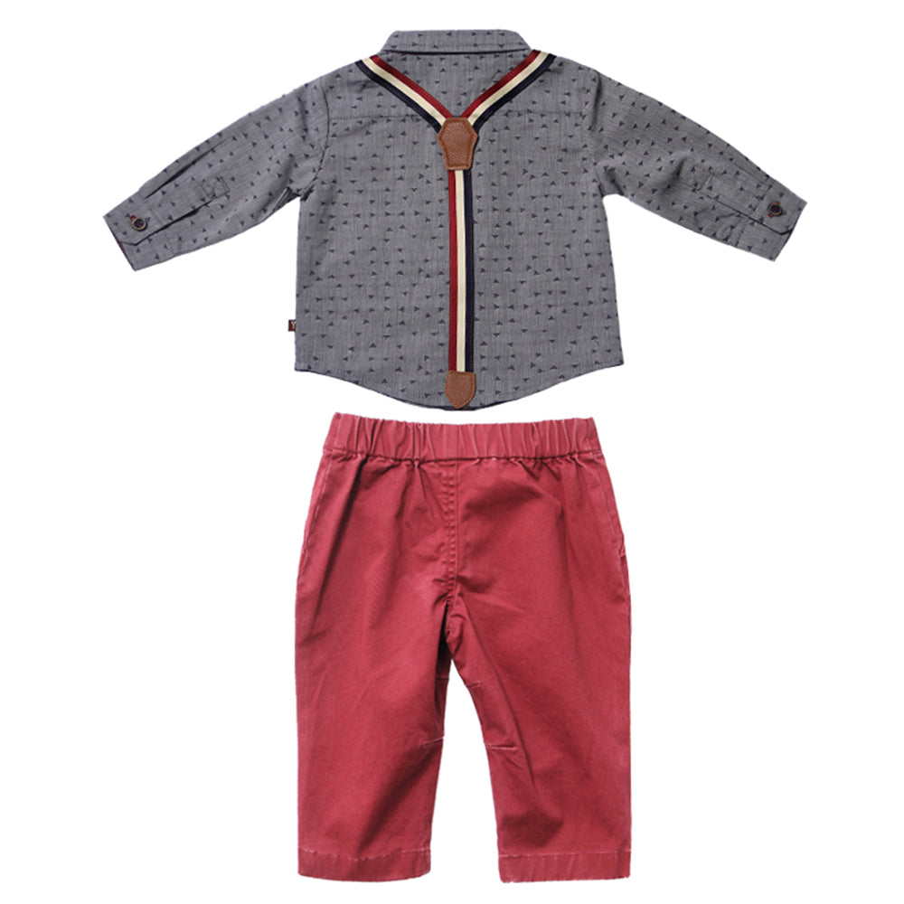 Confetti Suspender Shirt with Crimson Twill Pant Set for Baby Boys