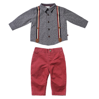 Confetti Suspender Shirt with Crimson Twill Pant Set for Baby Boys