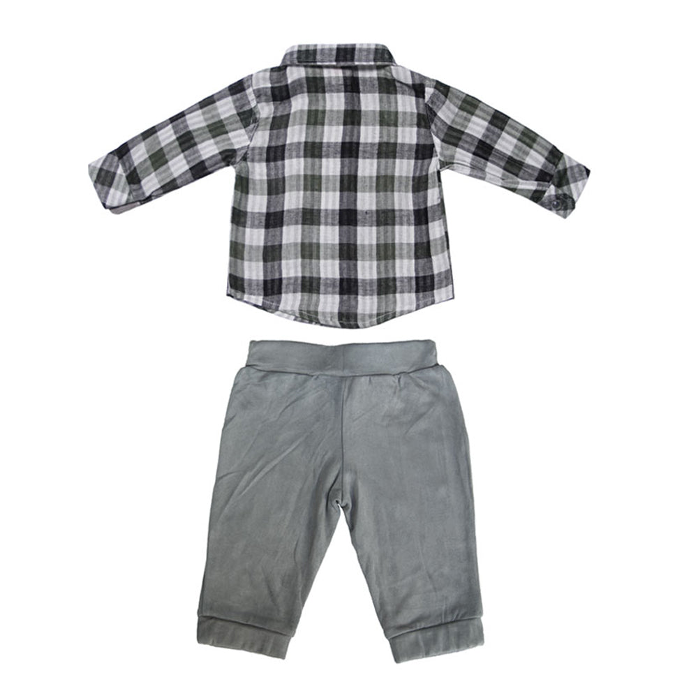 Forest Green Plaid and Grey Suede Jogger Set for Baby Boys
