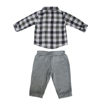 Forest Green Plaid and Grey Suede Jogger Set for Baby Boys
