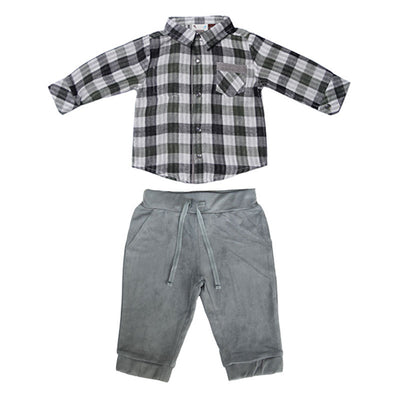 Forest Green Plaid and Grey Suede Jogger Set for Baby Boys