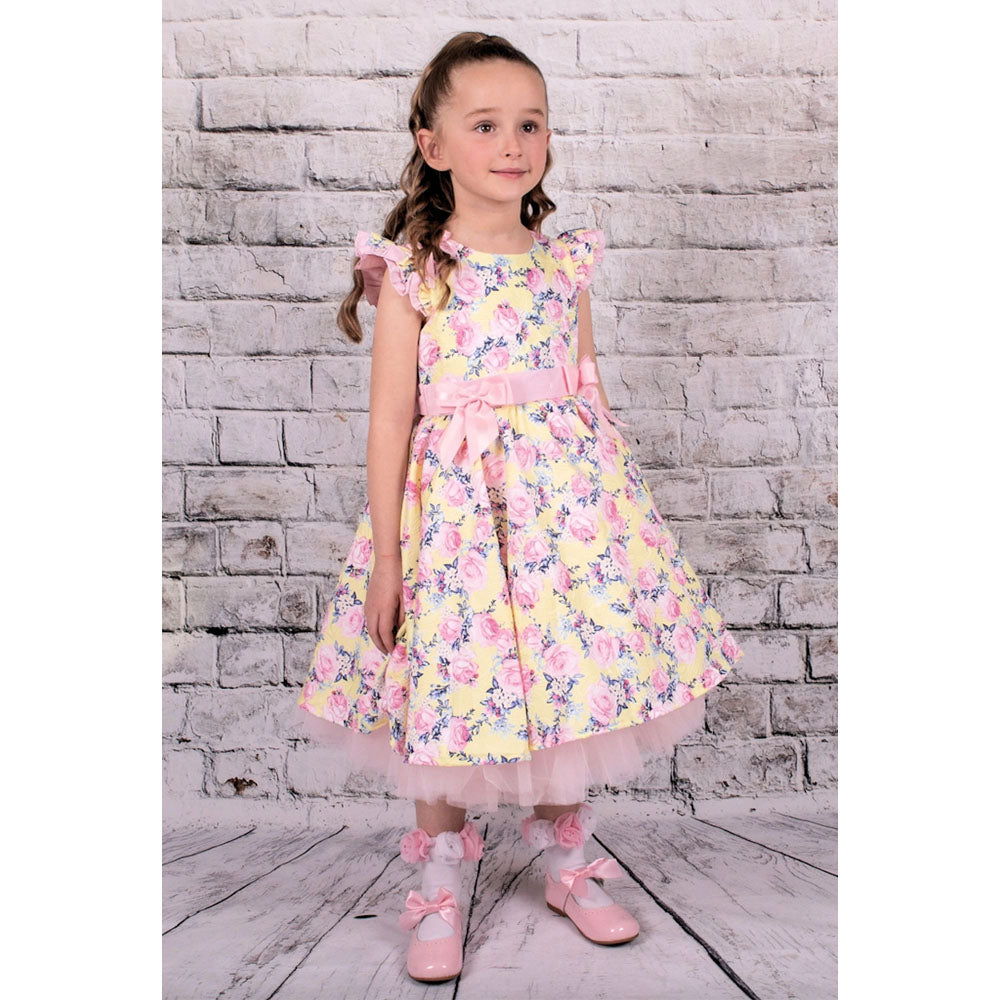 Baby and Little Girls Lemon Yellow and Pink Floral Dress with Tulle