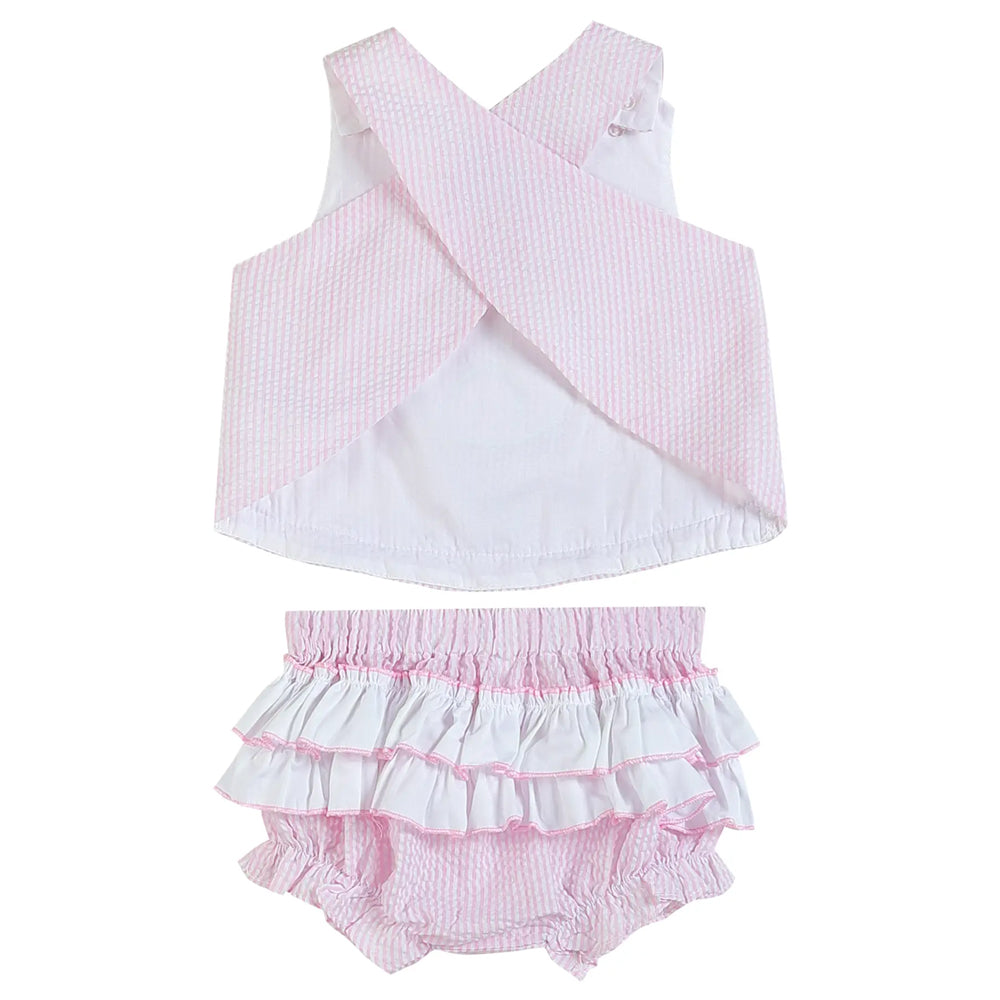 Pink Striped Seersucker Fuzzy Bunny Top and Bloomer Set