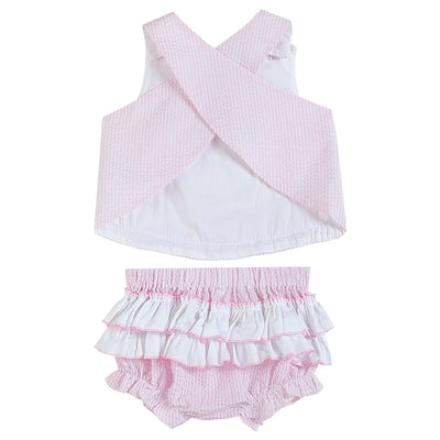 Pink Striped Seersucker Fuzzy Bunny Top and Bloomer Set