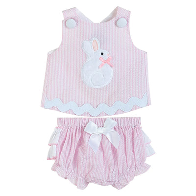 Pink Striped Seersucker Fuzzy Bunny Top and Bloomer Set