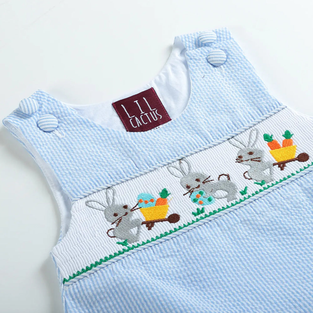 Blue Striped Seersucker Bunnies Romper