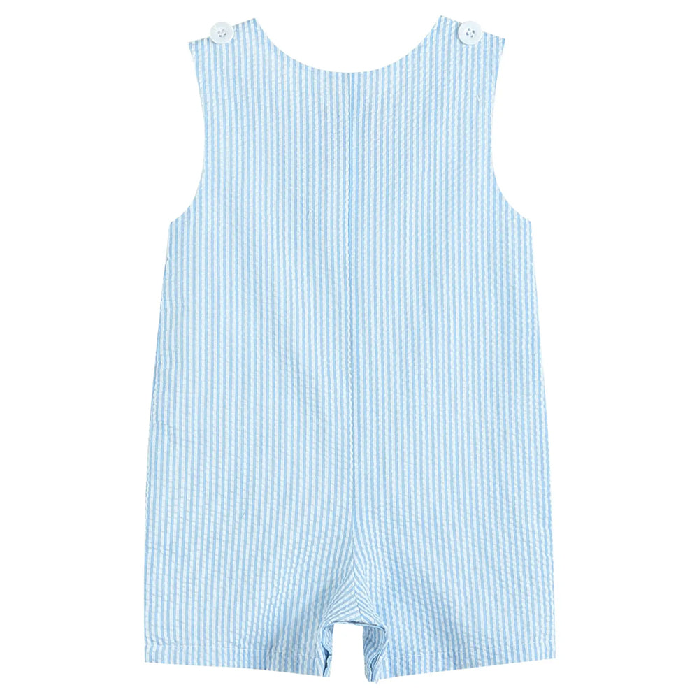 Light Blue Seersucker Fuzzy Bunny Shortalls