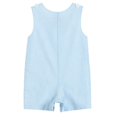 Light Blue Seersucker Fuzzy Bunny Shortalls
