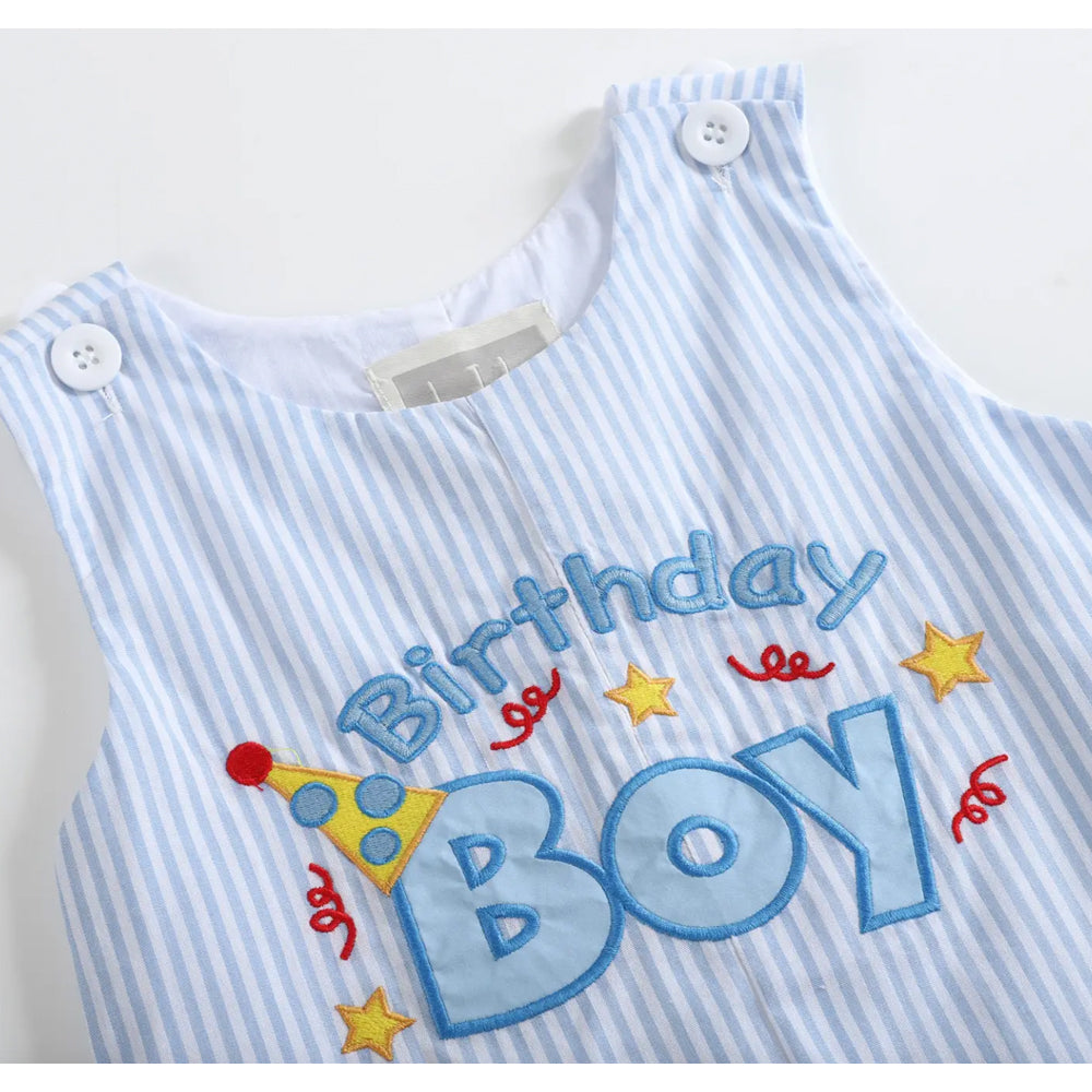 Light Blue Birthday Boy Applique Shortalls