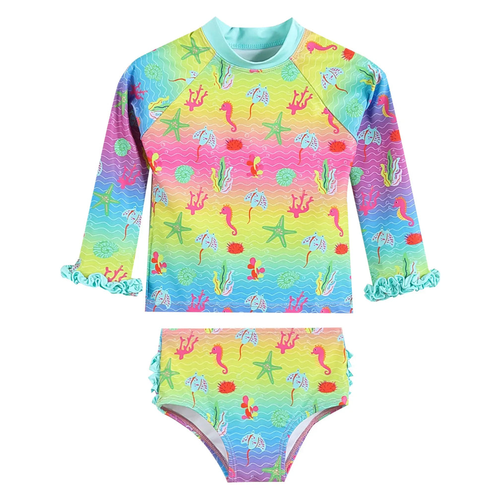 Rainbow Sea Creatures Ruffle Rashguard and Bottoms 2 Piece Swim Set
