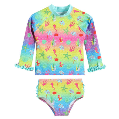 Rainbow Sea Creatures Ruffle Rashguard and Bottoms 2 Piece Swim Set