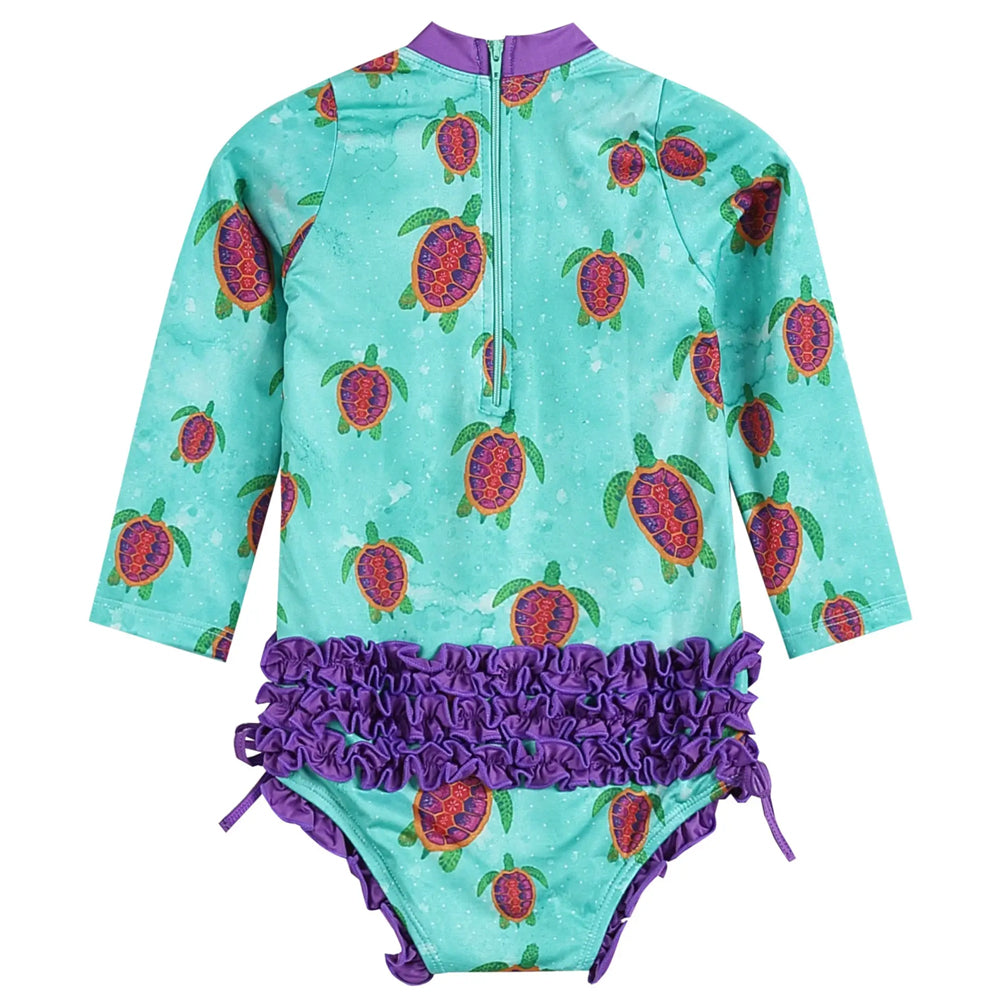 Turquoise Turtle Long Sleeve Ruffle Swimsuit