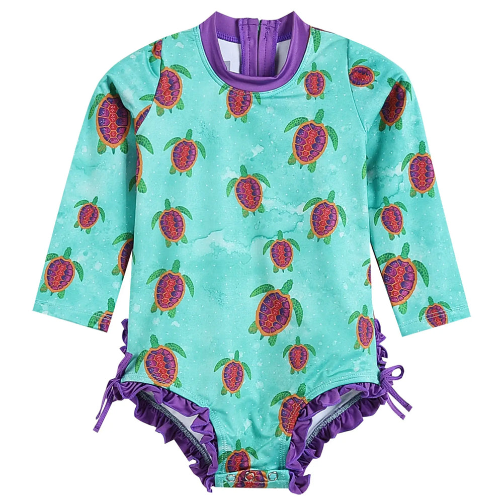 Turquoise Turtle Long Sleeve Ruffle Swimsuit