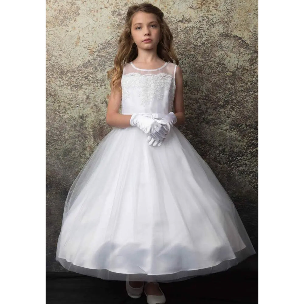Big Girls 6-12 Aurora White Scalloped Lace and Tulle Communion Dress