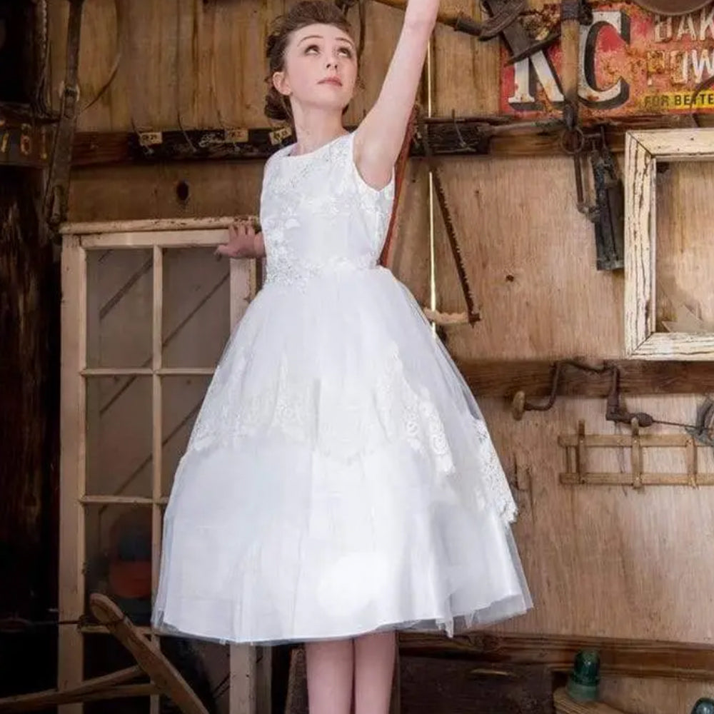 Big Girls 6-16 Layla White Lace Applique and Tulle 2 Tier Skirt Communion Dress