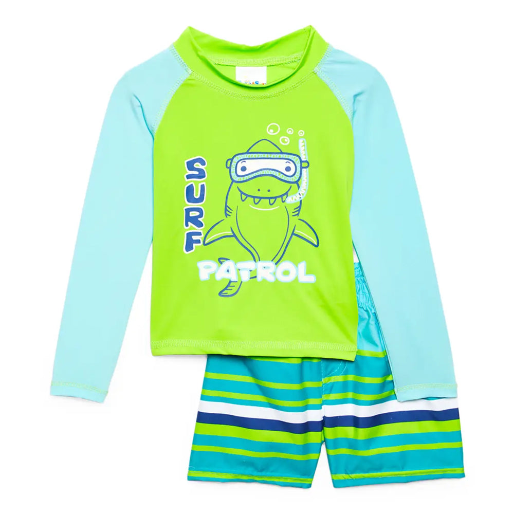 Boys Green Surf Patrol Long Sleeve Rash Guard Swim Set