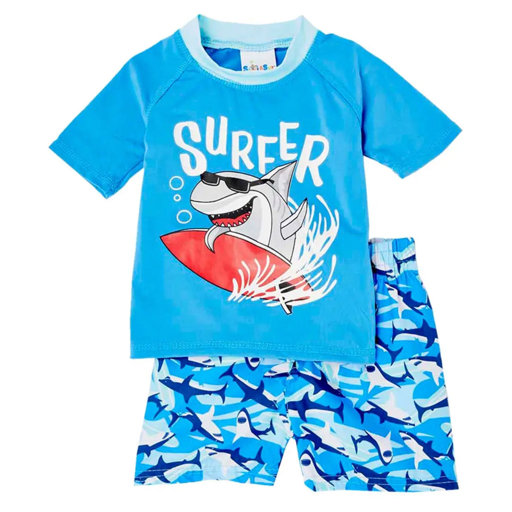 Boys Surfer Shark Short Sleeve Rash Guard Swim Set