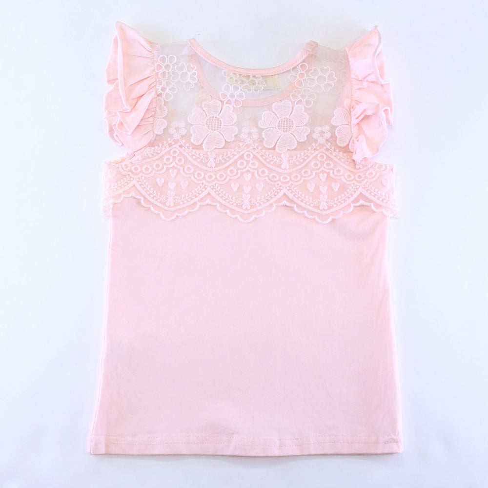Pink Floral Lace Mesh Insert Flutter Sleeve Top