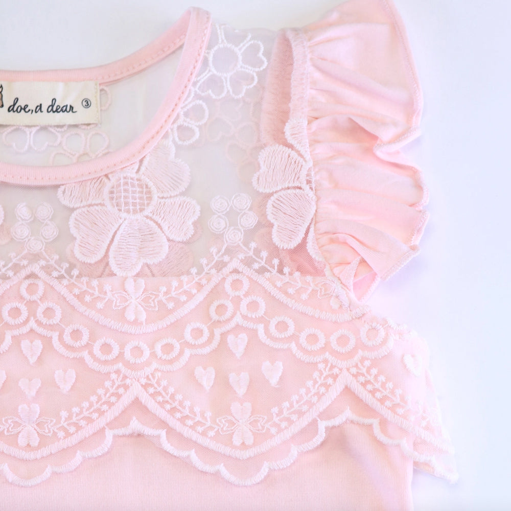 Pink Floral Lace Mesh Insert Flutter Sleeve Top