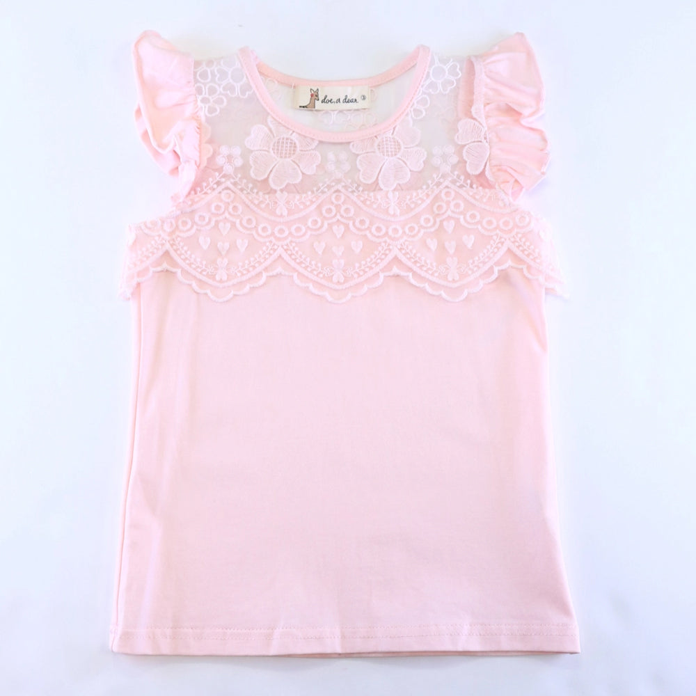 Pink Floral Lace Mesh Insert Flutter Sleeve Top