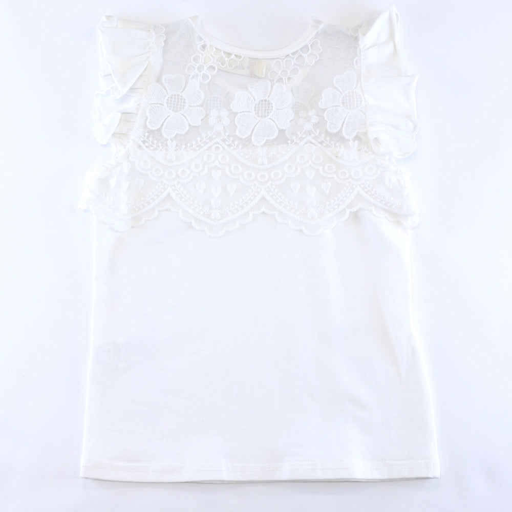 White Floral Lace Mesh Insert Flutter Sleeve Top