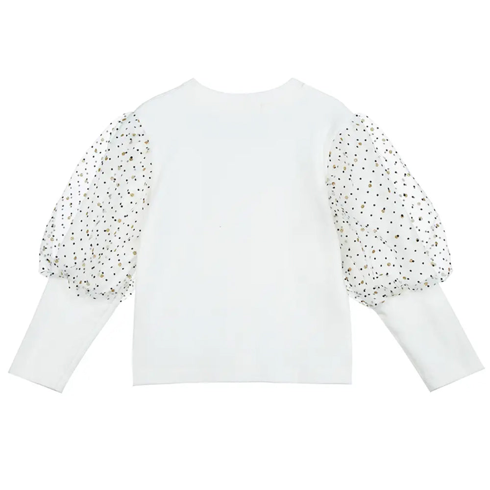Girls White Jersey Top with Dotted Mesh Puff Sleeves