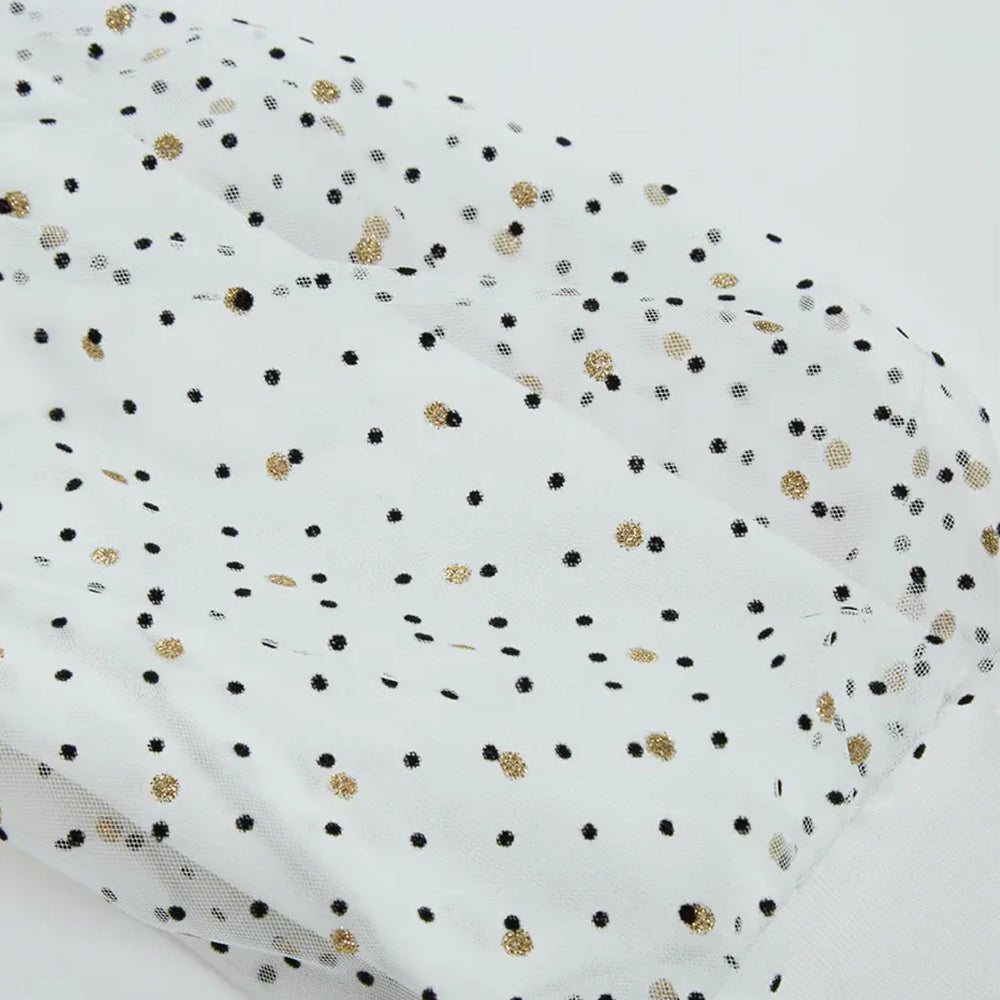 Girls White Jersey Top with Dotted Mesh Puff Sleeves