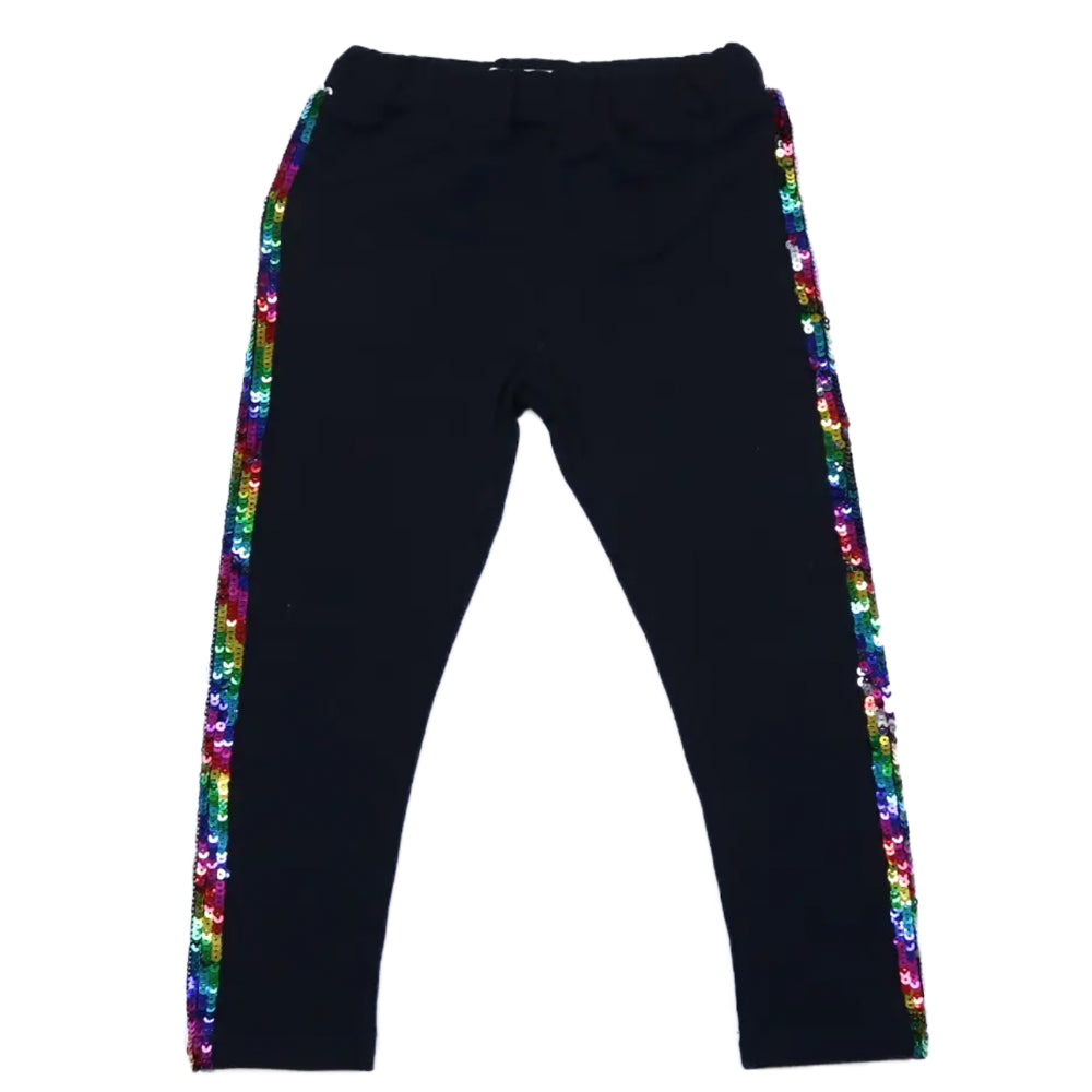 Girls Black Leggings with Rainbow Sequin Trim