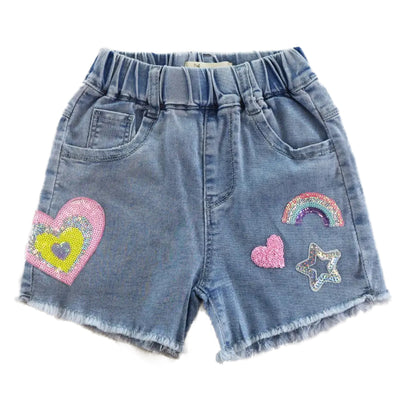 Toddler and Little Girls 2T-6 Sequin Heart and Rainbow Denim Shorts
