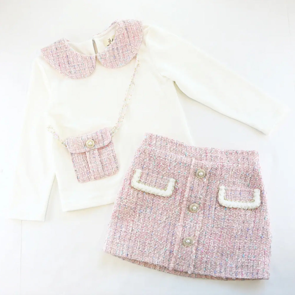 Button Front Pink Tweed Skirt
