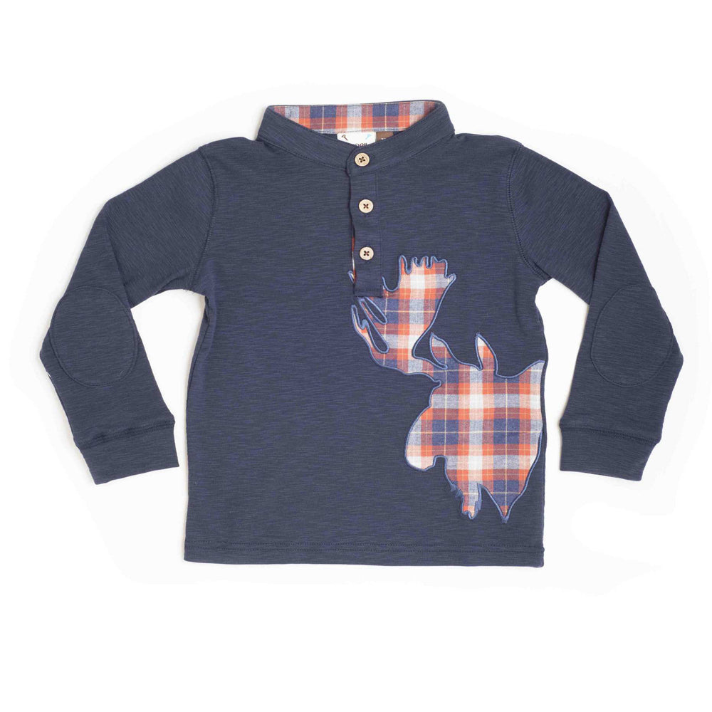 Boys Navy Slub Moose Applique Henley