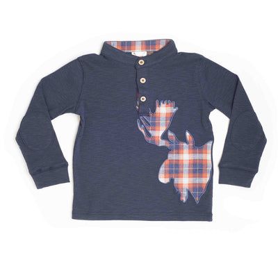 Boys Navy Slub Moose Applique Henley