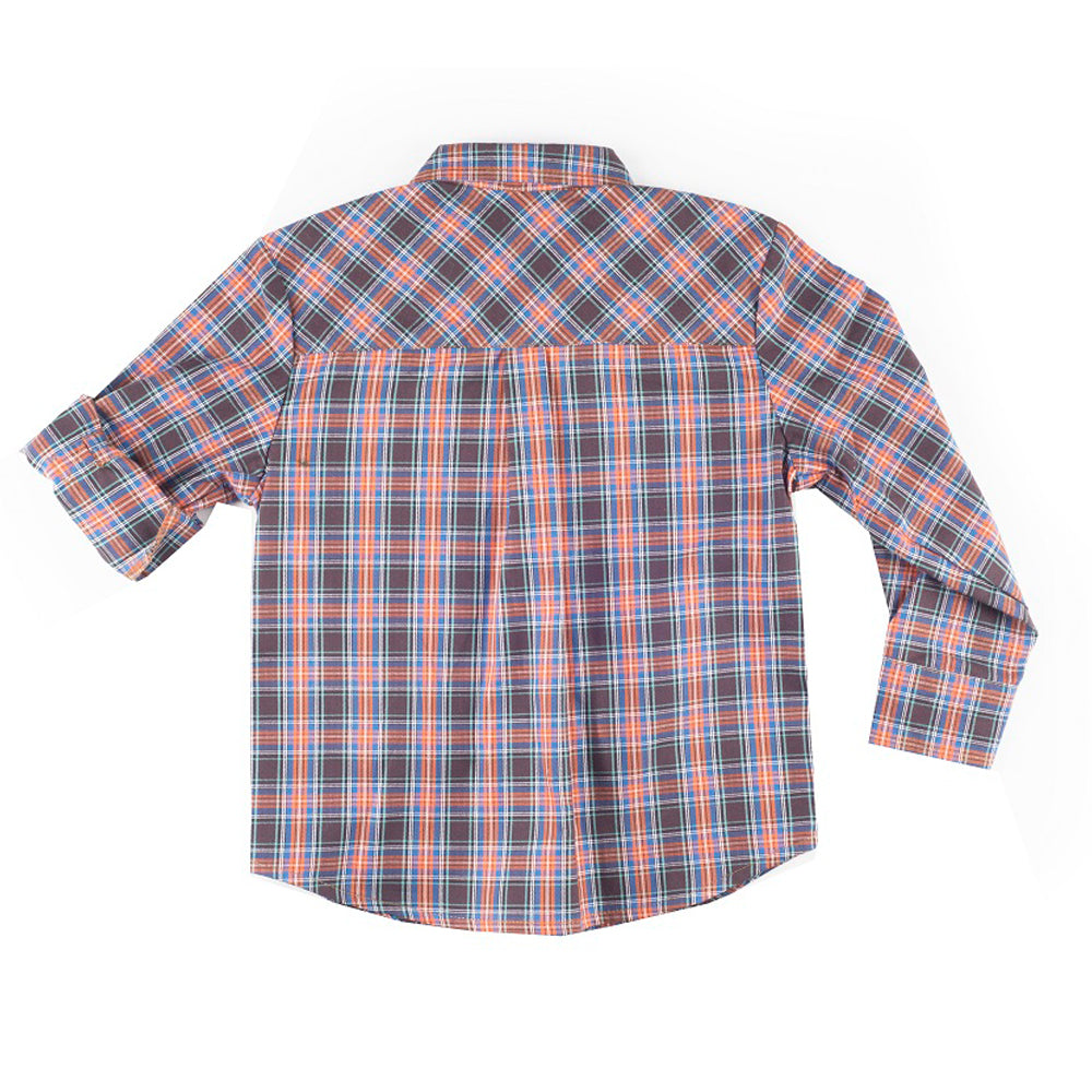 Boys Long Sleeve Orange and Brown Plaid Shirt