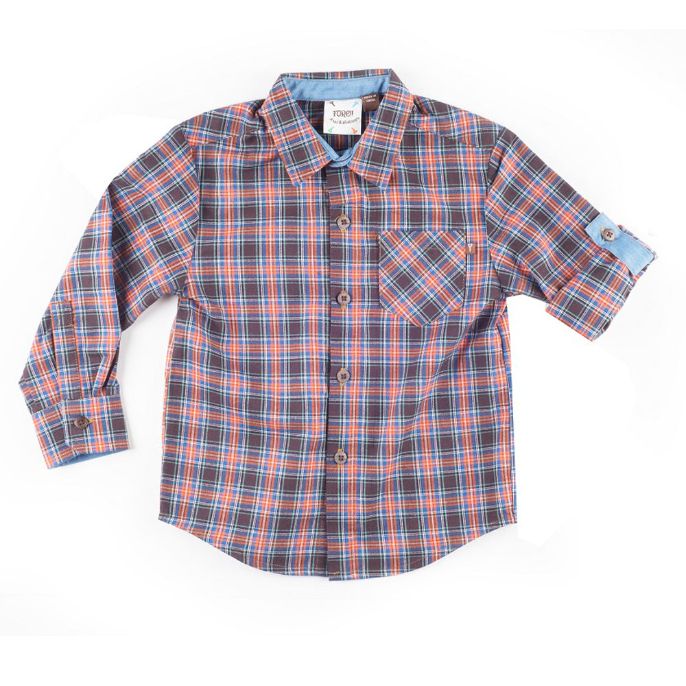 Boys Long Sleeve Orange and Brown Plaid Shirt