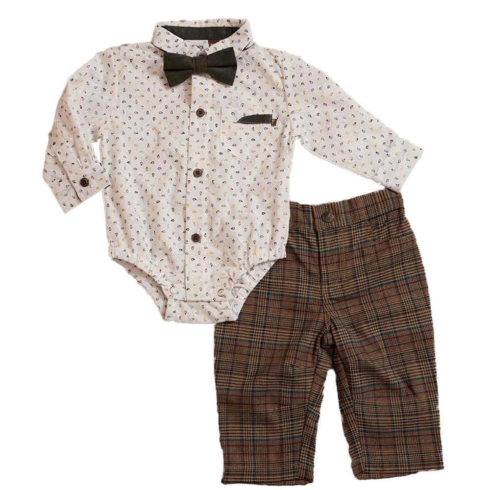 Boys Paisley Bodysuit, Plaid Pant/Suede Bow Tie