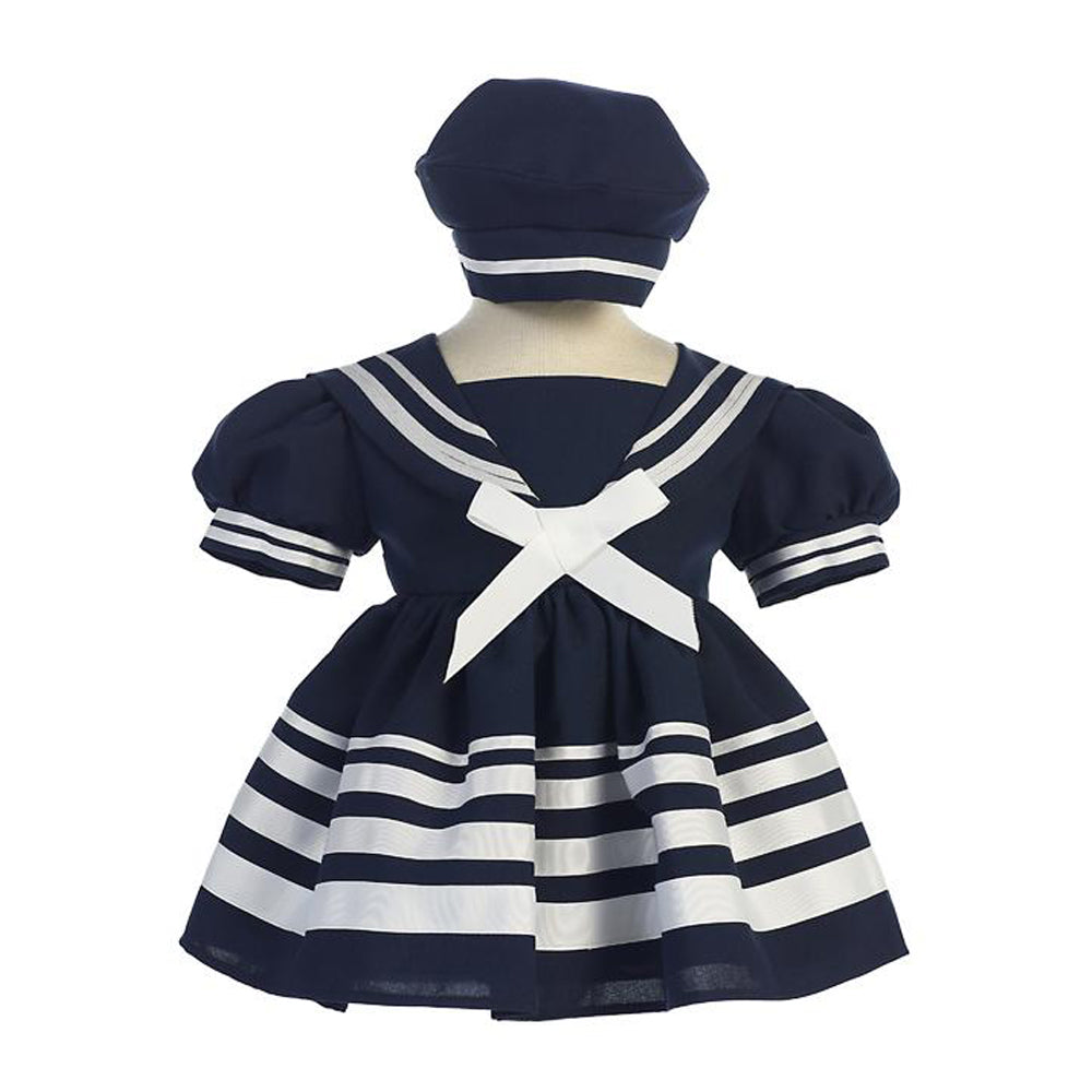 Girls Navy Nautical Sailor Dress and Hat - Striped Skirt