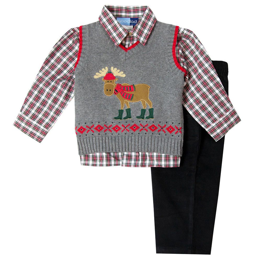 Moose Appliqued Grey Sweater Vest Three Piece Set