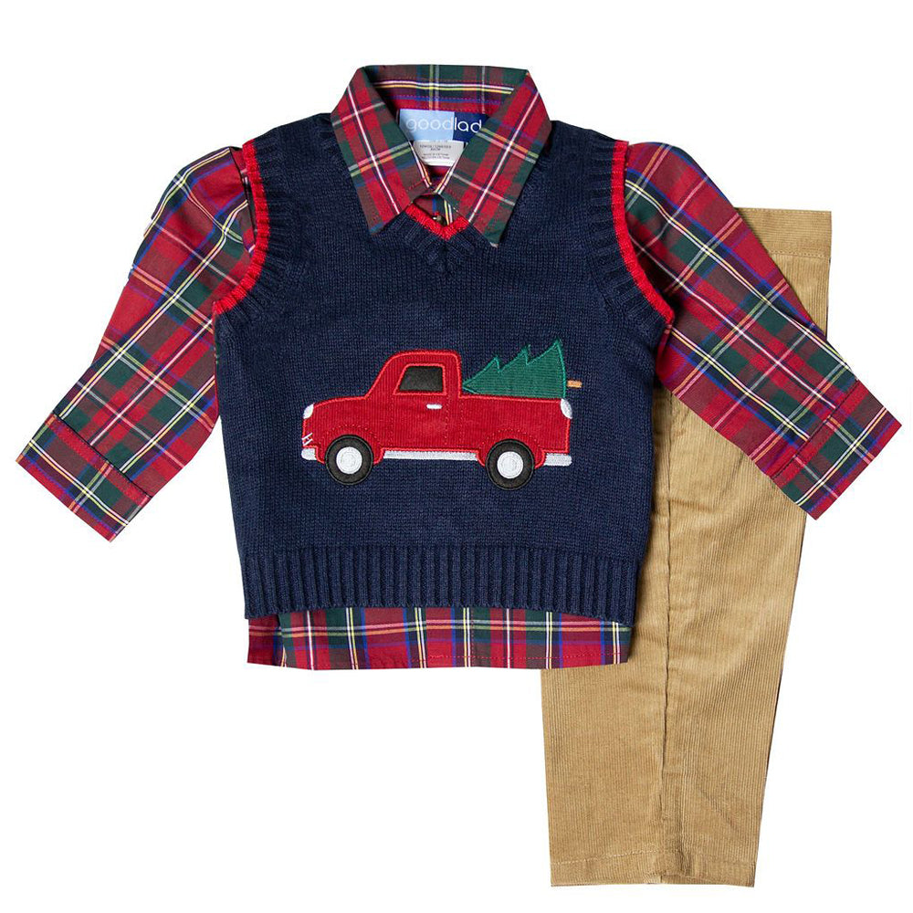 Christmas Truck Appliqued Navy Sweater Vest Three Piece Set
