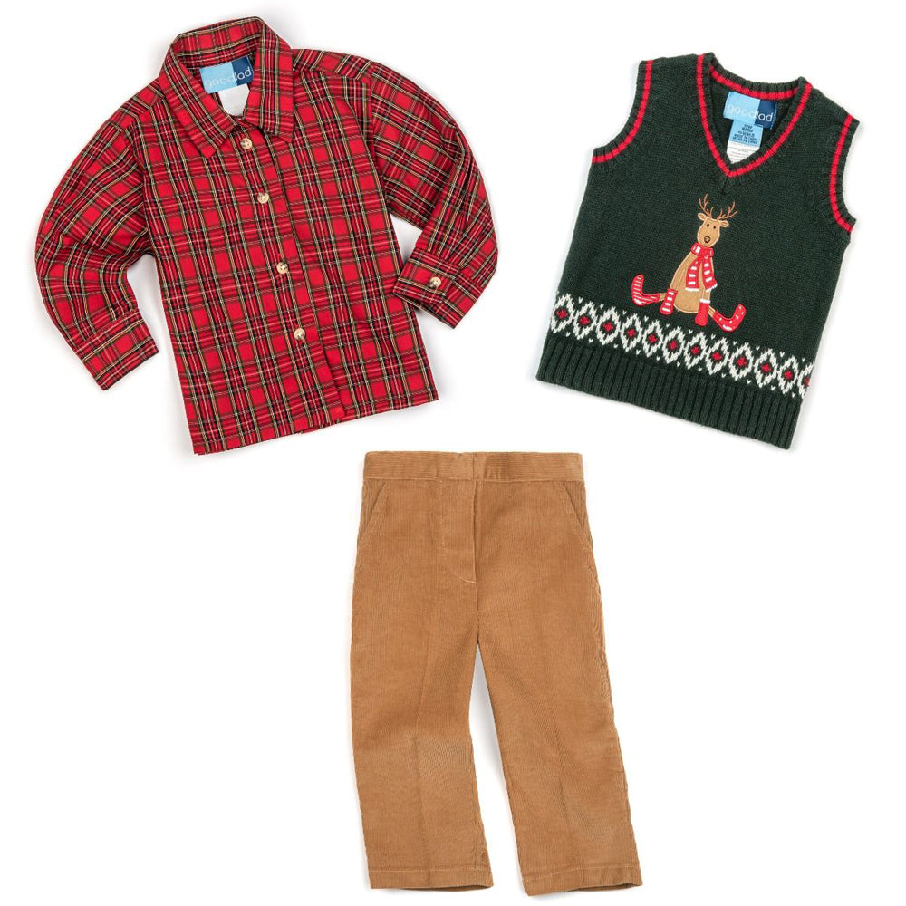 Reindeer Appliqued Green Sweater Vest Three Piece Set