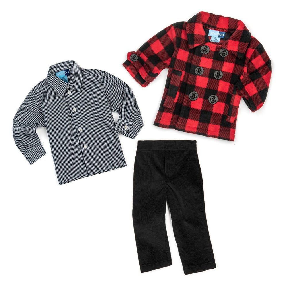 Boys Buffalo Plaid Peacoat 3 Piece Set