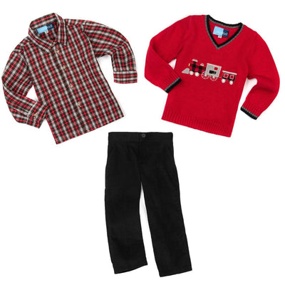 Red Train Appliqued Long Sleeve Sweater Three Piece Set