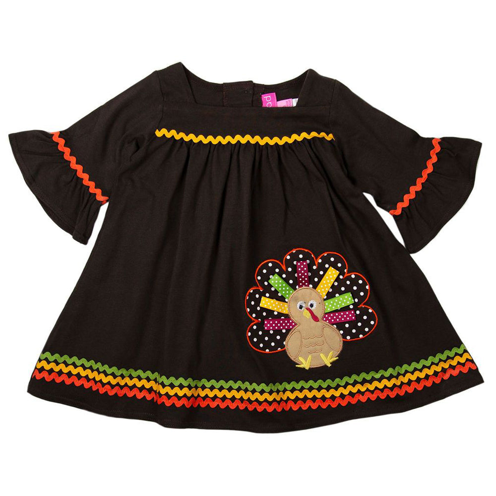 Girls Brown Knit Thanksgiving Dress with Turkey Applique