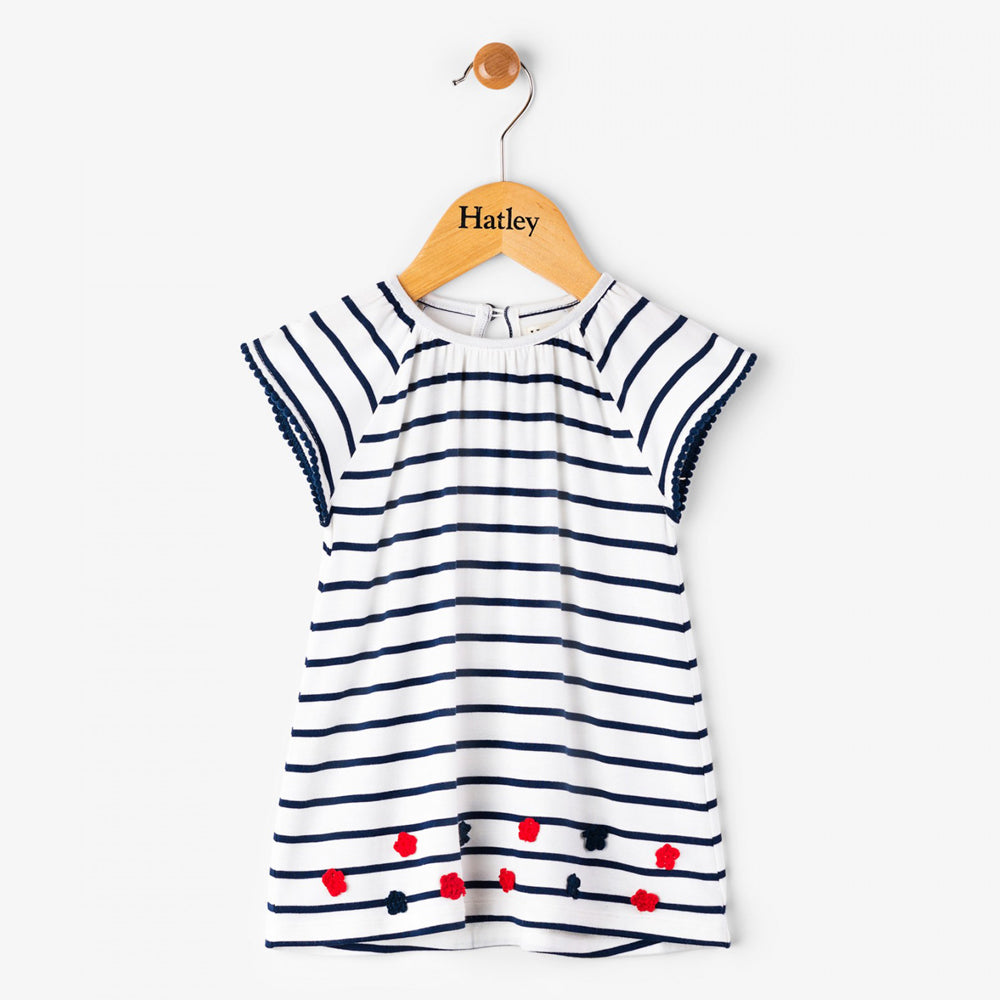 Navy Stripe Smocked Flutter Sleeve Dress