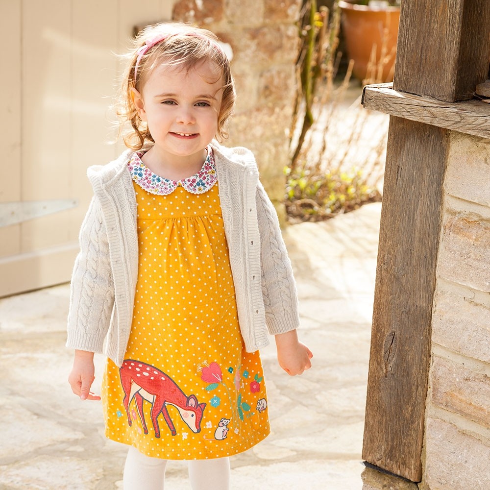 Yellow Deer Cord Pinafore Jumper Dress