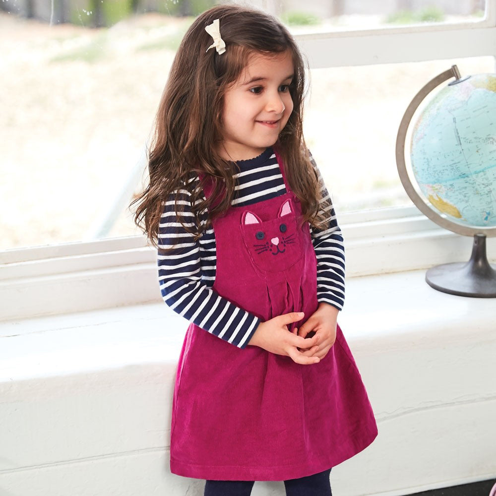 Raspberry Cat Cord Dungaree Dress