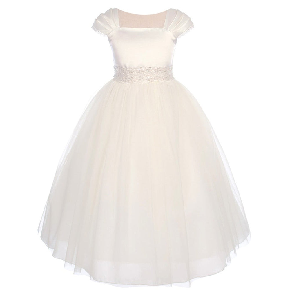 Girls 6-16 White Pleated Cap Sleeve Communion Dress