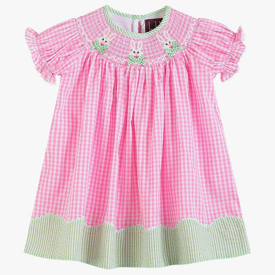 Pink Gingham Bunnies Smocked Bishop Dress