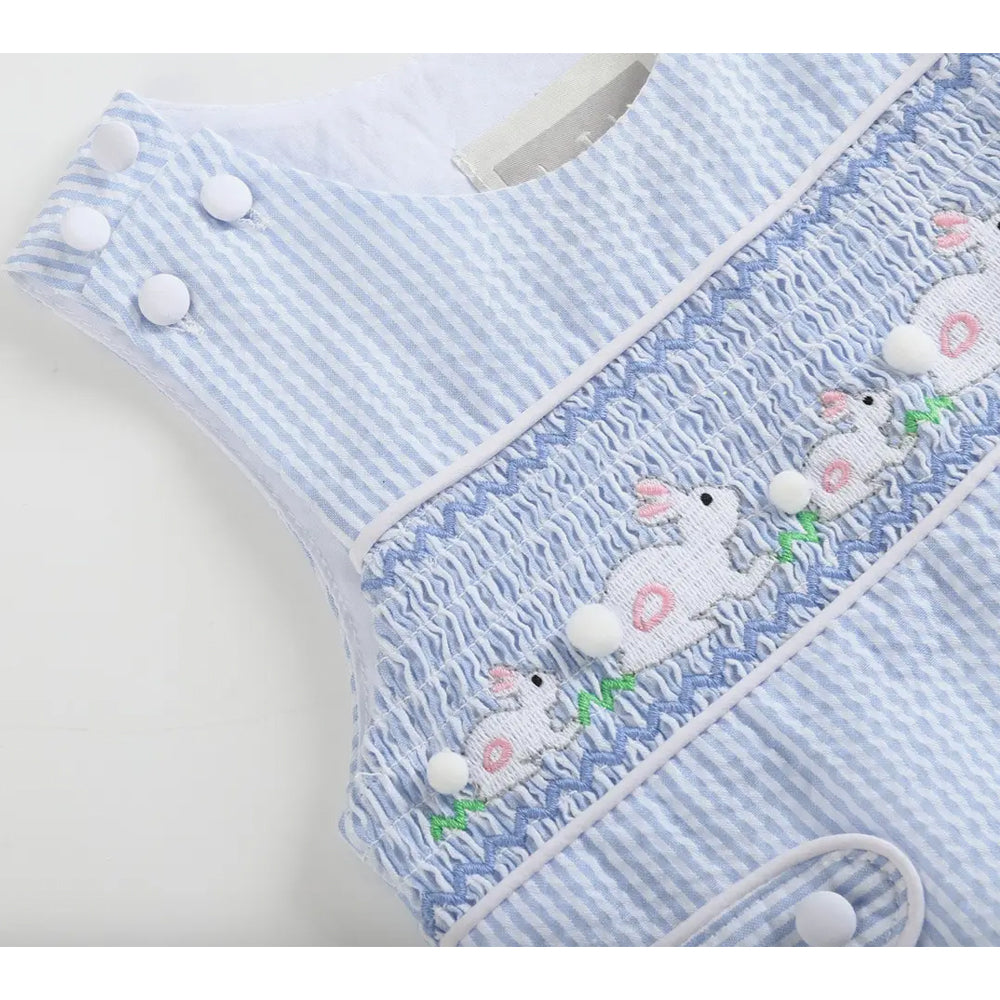Blue Seersucker Bunnies Smocked Shortall