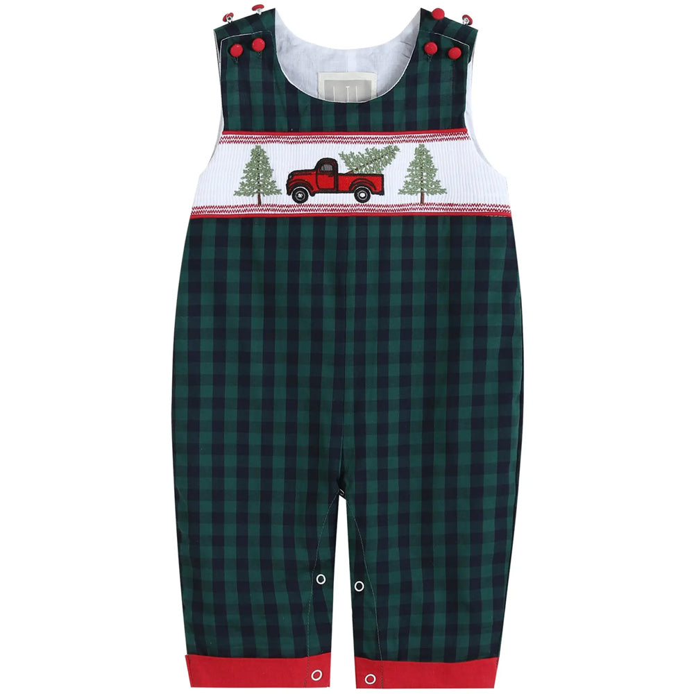 Blue and Green Gingham Christmas Truck Smocked Overalls