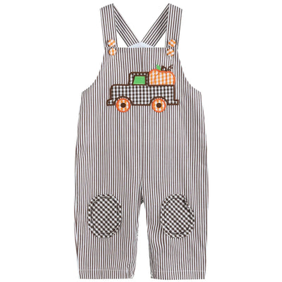 Dark Brown Stripe Overalls with Pumpkin Truck